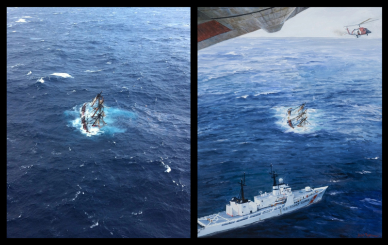 (Right Image) The waterlogged wreck of HMS Bounty shortly before it sank in the Graveyard of the Atlantic off North Carolina. (U.S. Coast Guard). (Left Image) Coast Guard Art Program painting showing assets deployed for the rescue, including Cutter Gallatin, an MH-60 Jayhawk helicopter and the bottom of an HC-130 Hercules aircraft. (U.S. Coast Guard) (Right Image) The waterlogged wreck of HMS Bounty shortly before it sank in the Graveyard of the Atlantic off North Carolina. (U.S. Coast Guard). (Left Image) Coast Guard Art Program painting showing assets deployed for the rescue, including Cutter Gallatin, an MH-60 Jayhawk helicopter and the bottom of an HC-130 Hercules aircraft. (U.S. Coast Guard)